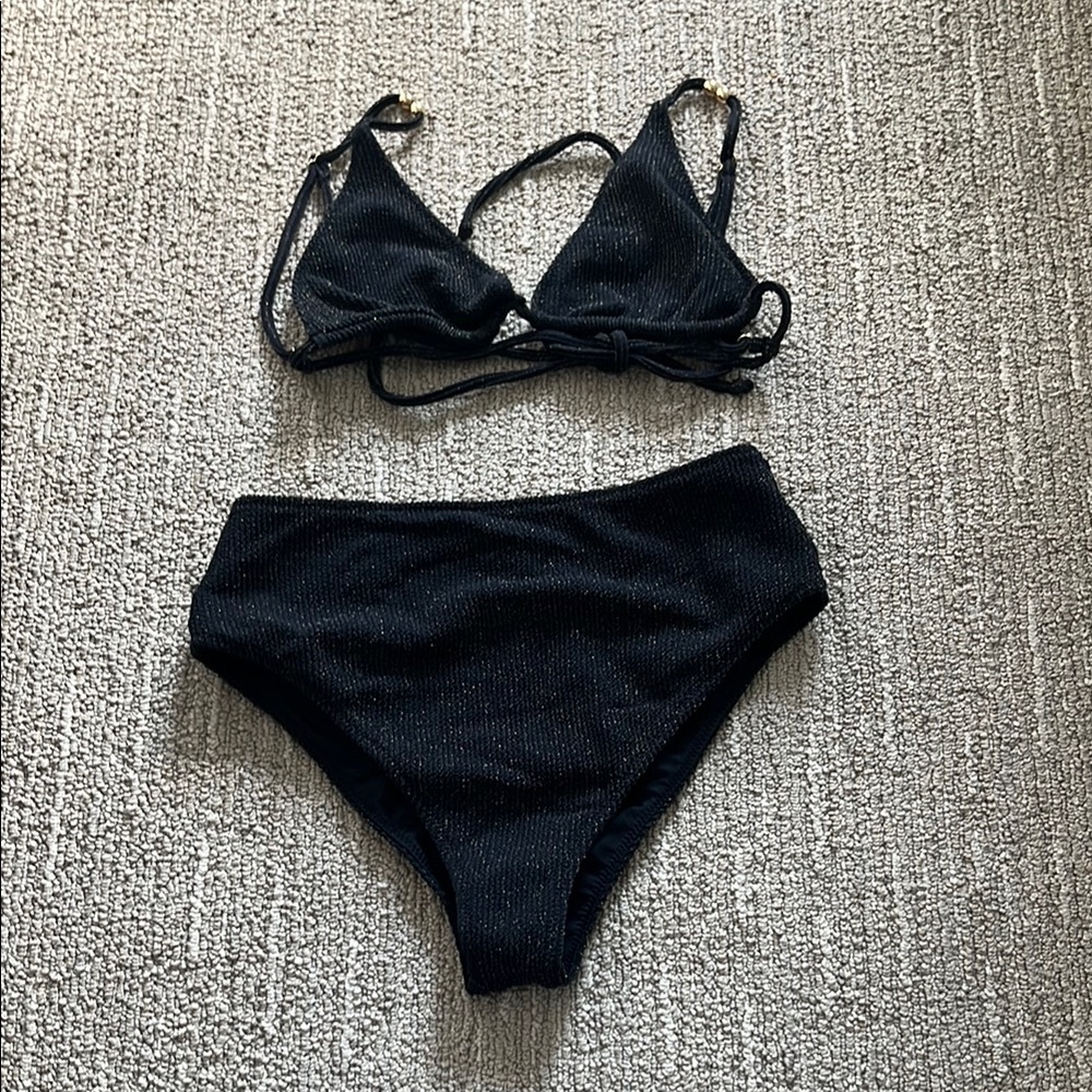 Sparkle Ribbed Black High-Waist Bikini Set - Classic Two-Piece Swimwear